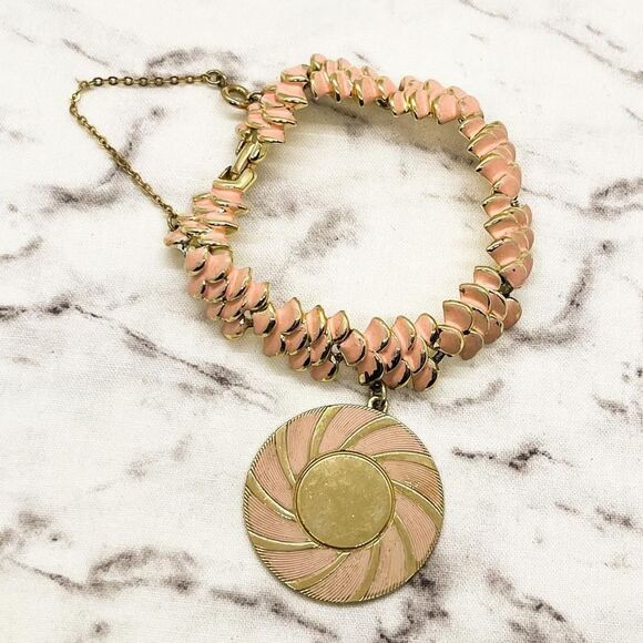 Vintage Coro Enamel Charm Bracelet Pink Gold Retro Estate Jewelry - Picture 1 of 6